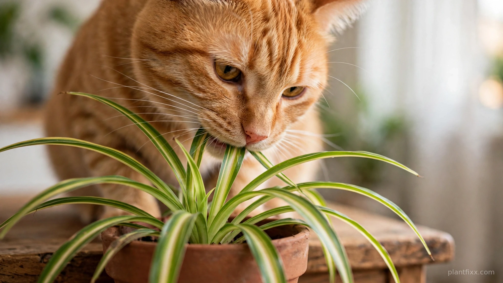 Orange tabby cat sniffing and mouthing spider plant leaves in a terracotta pot
