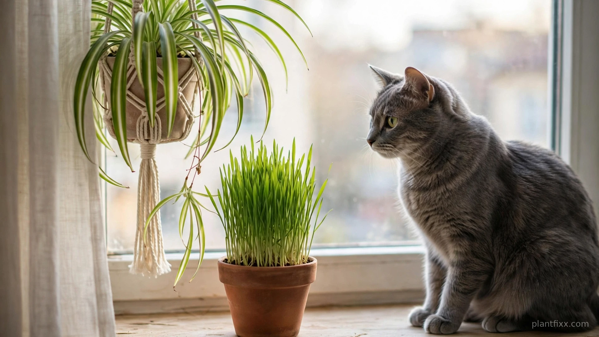 Pot of fresh cat grass on a windowsill next to a hanging spider plant, with a cat nearby