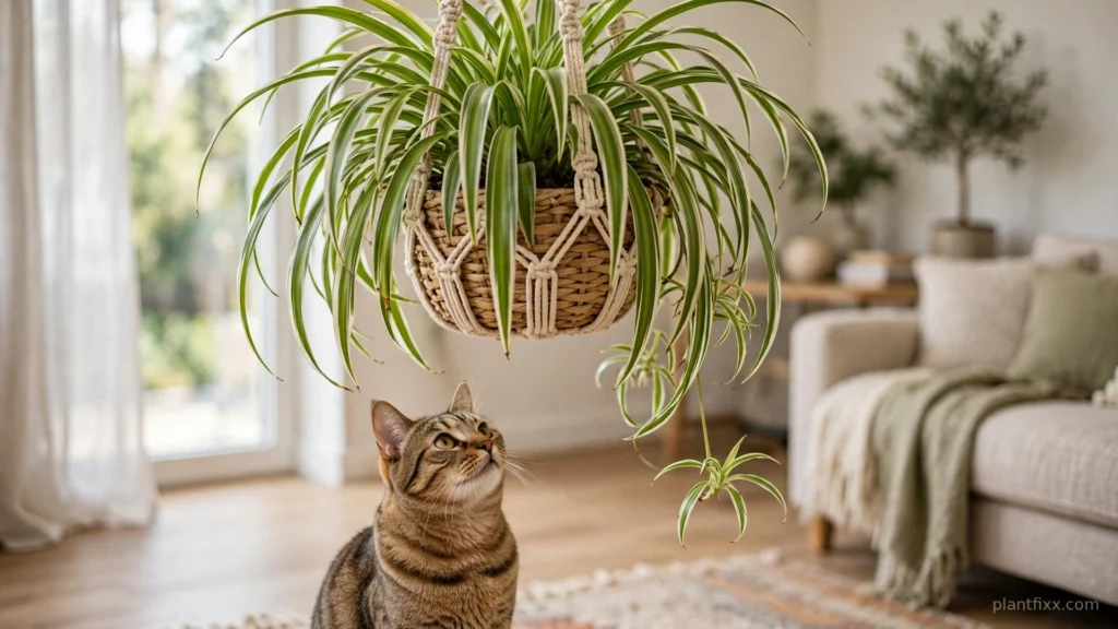 Variegated spider plant in a hanging basket with a tabby cat looking up at it in a bright living room