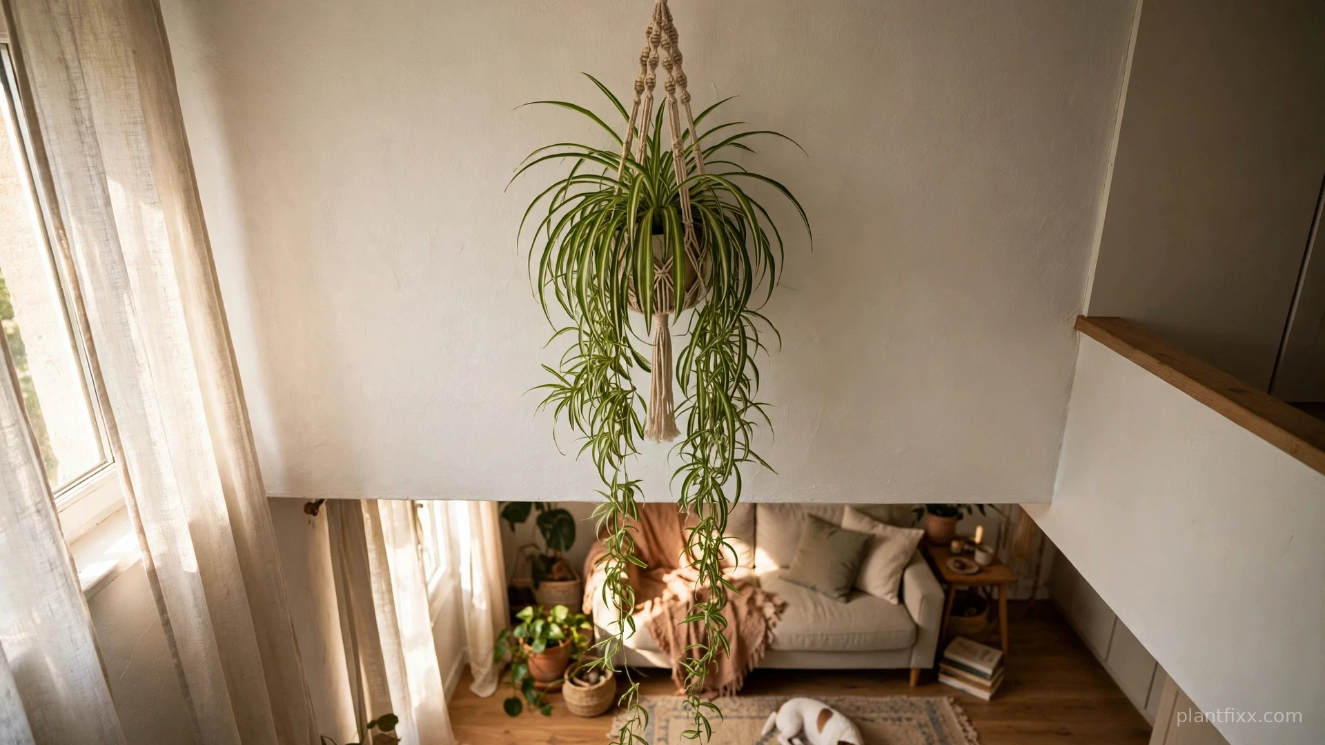 Spider plant in a macrame hanging planter mounted high on a wall, out of a dog's reach