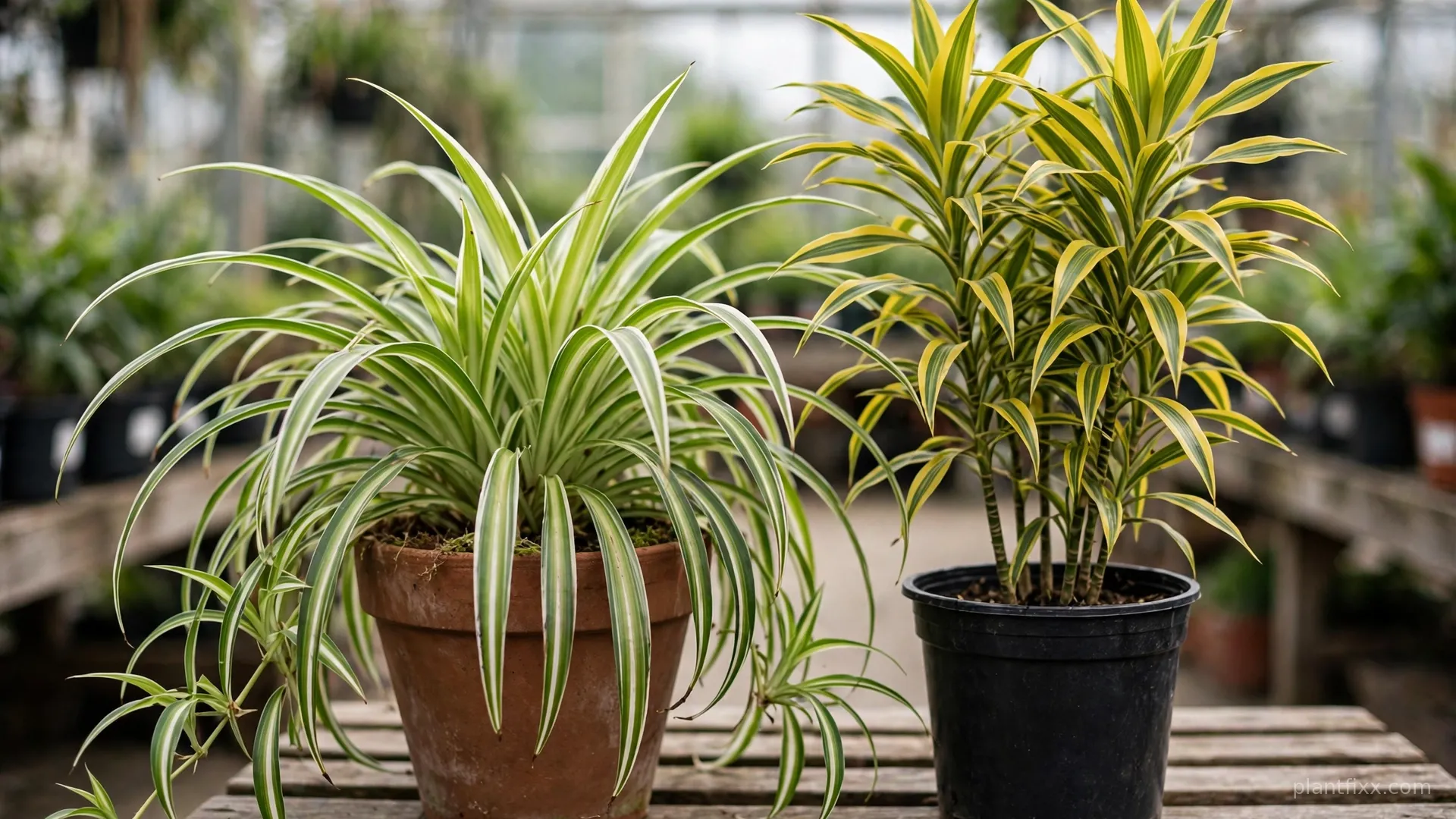 Spider plant and Dracaena reflexa Song of India side by side on a garden center bench