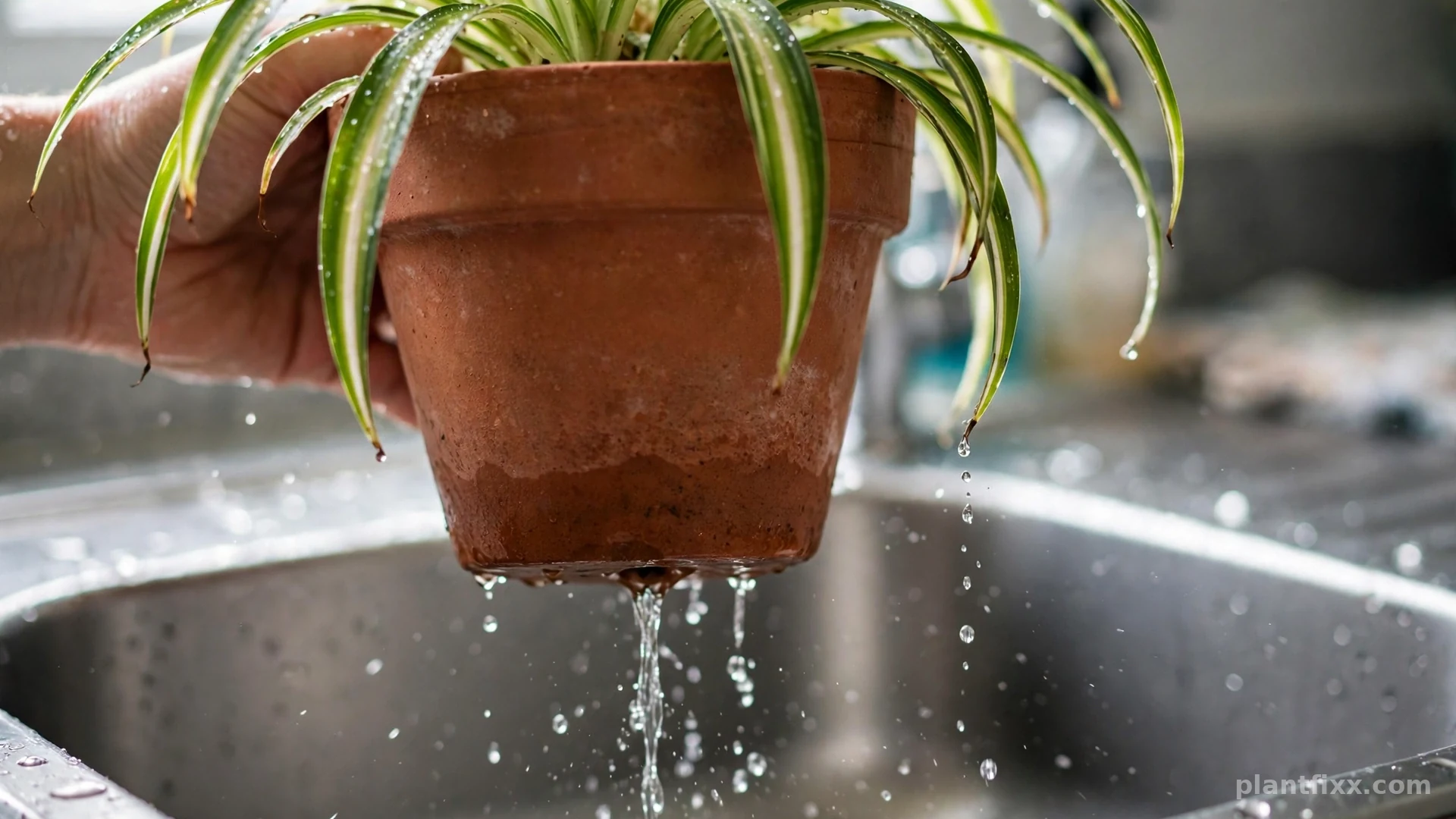 Water draining freely from the drainage hole of a potted spider plant after watering