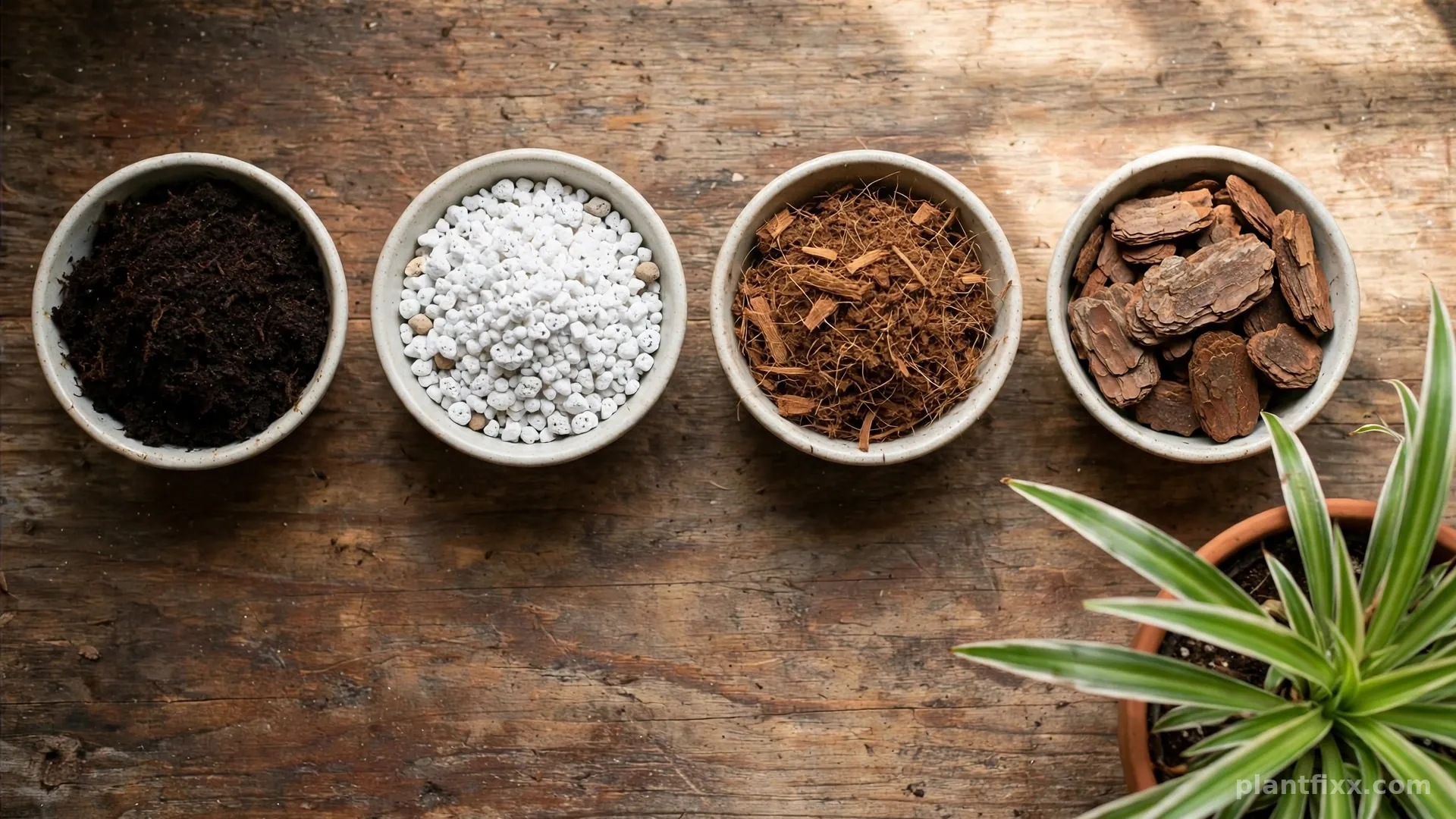 Spider plant soil ingredients in bowls: peat moss, perlite, coco coir, and pine bark