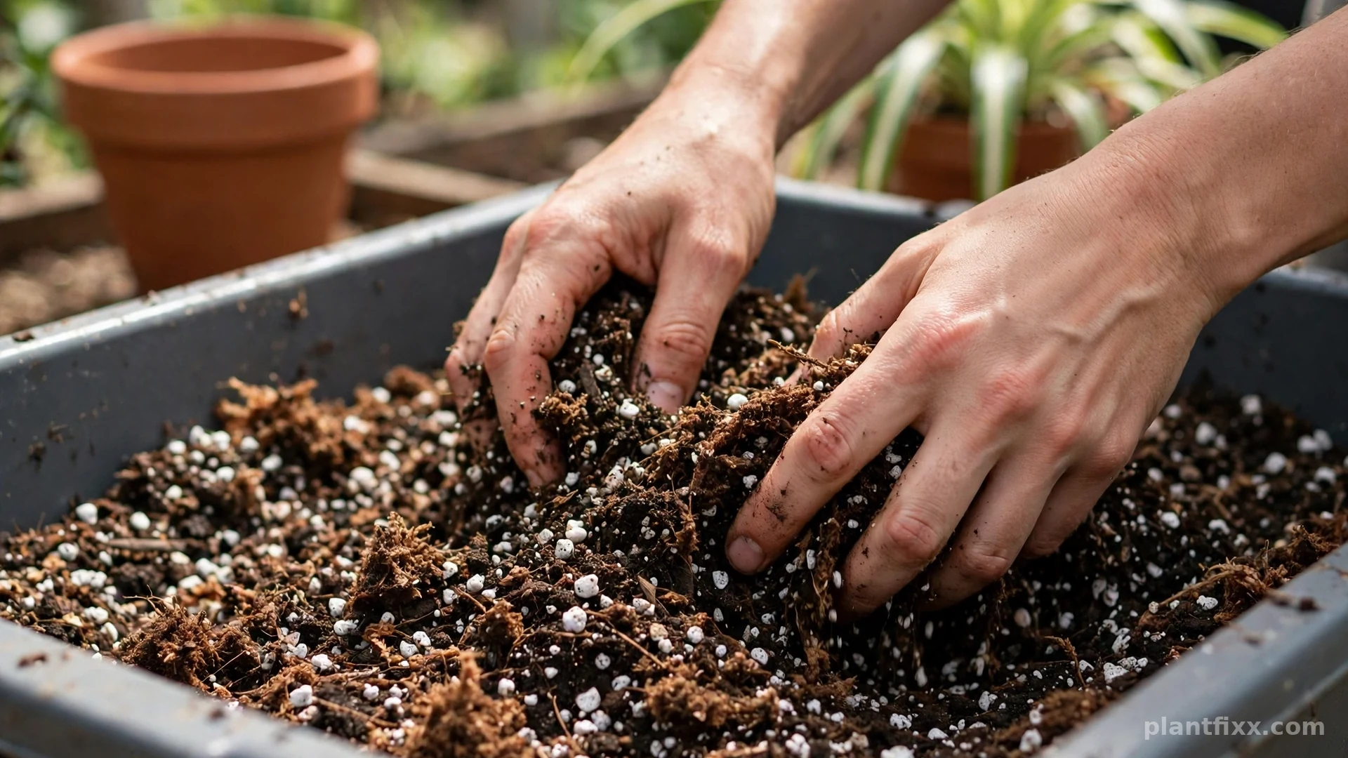 Hands blending a spider plant soil mix of potting soil, perlite, and peat moss in a tub