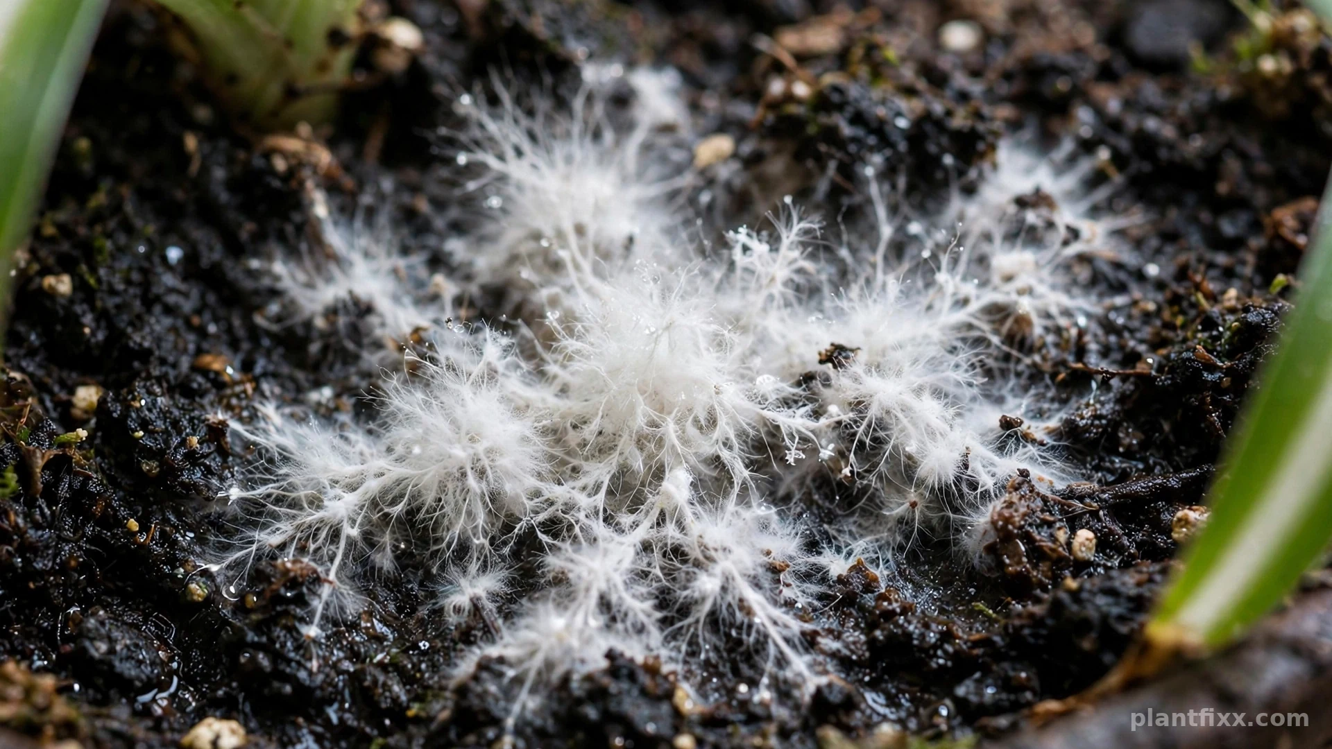 White mold growing on the surface of damp spider plant soil in a pot