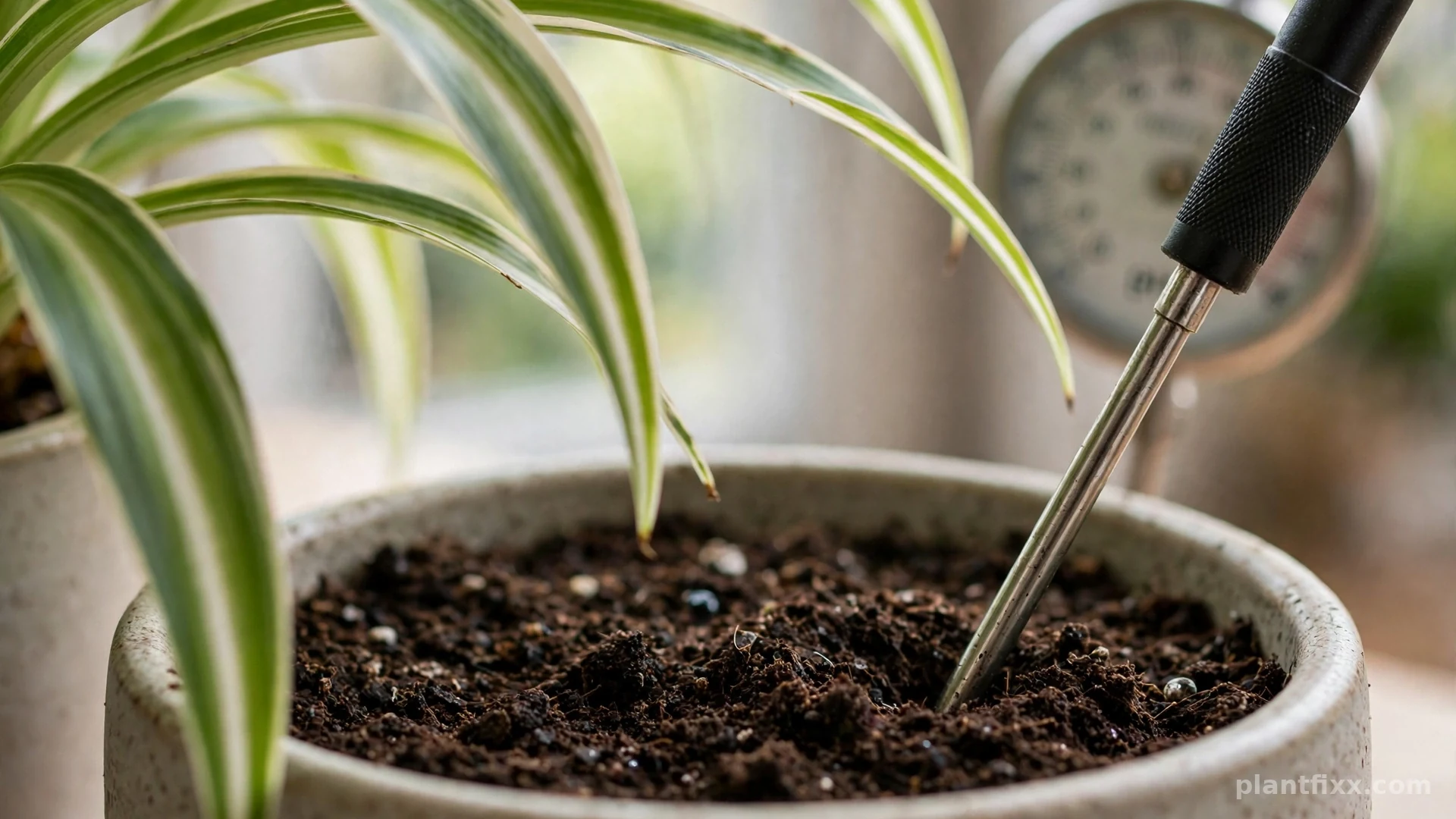 Soil pH meter probe testing the pH of spider plant potting soil in a ceramic pot