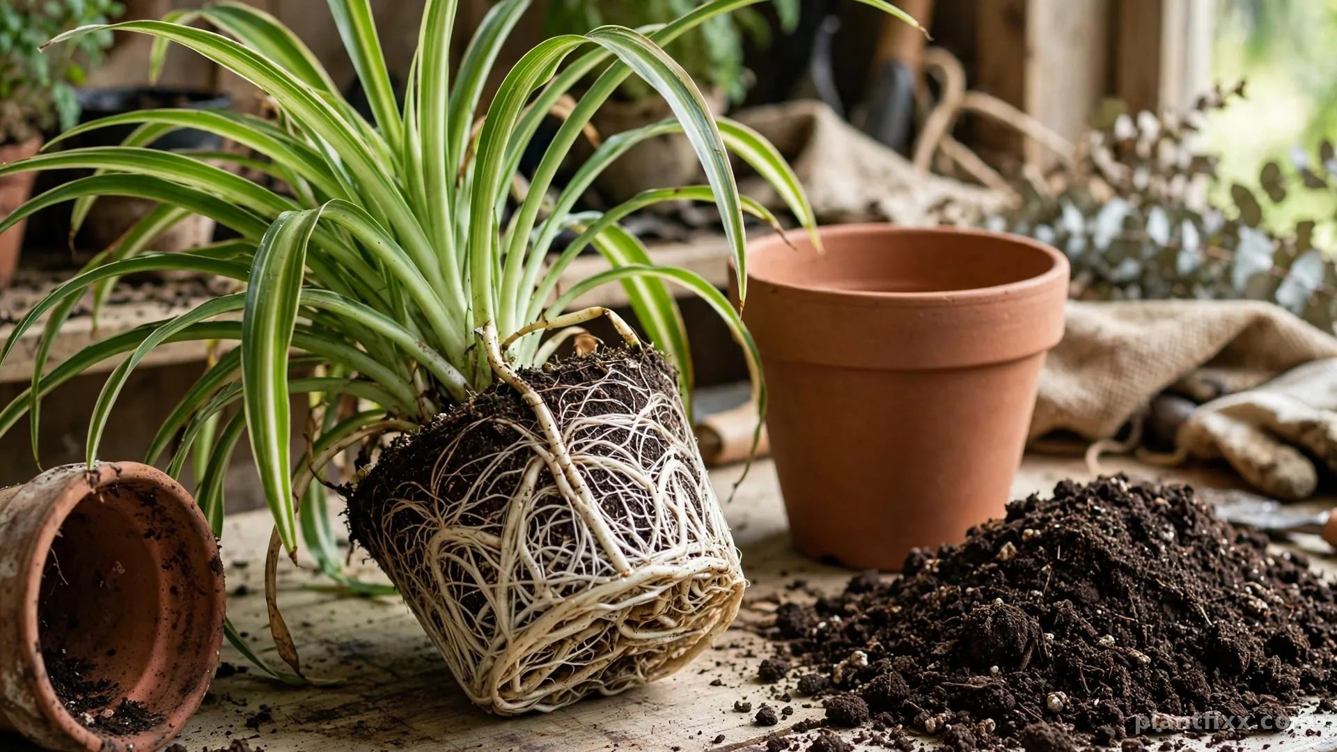 Spider plant root ball with thick fleshy roots beside fresh potting mix and a new pot