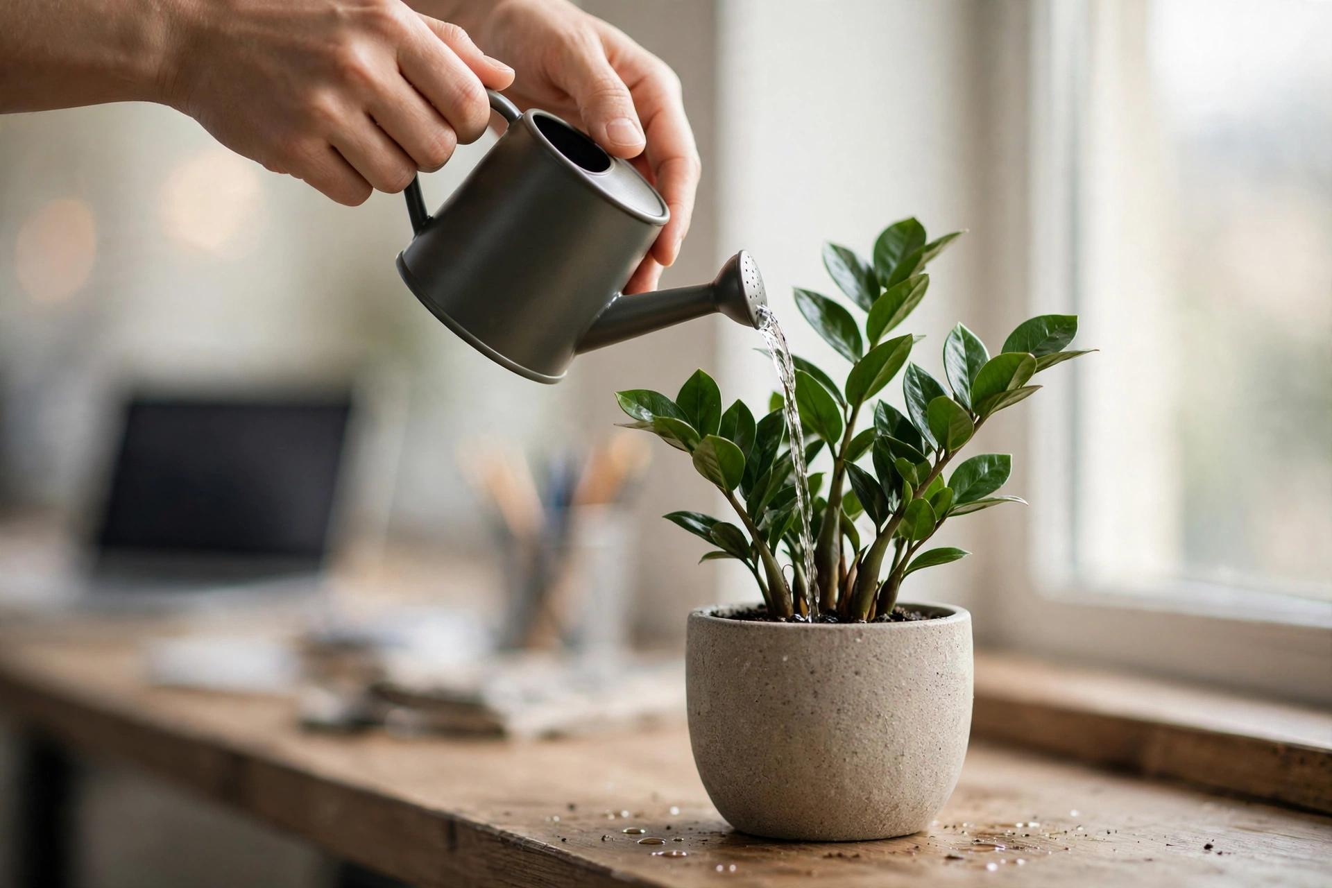 Person watering a ZZ plant on an office windowsill