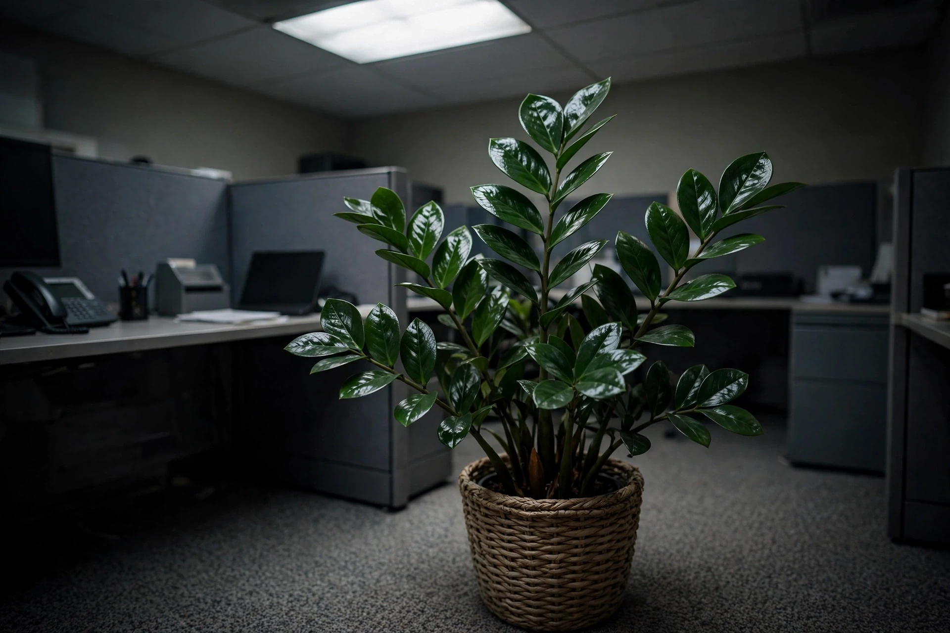 ZZ plant in a basket planter in a dim office corner under fluorescent ceiling lights