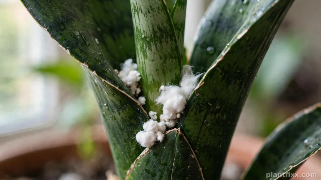 White cottony mealybug clusters tucked into a snake plant leaf joint