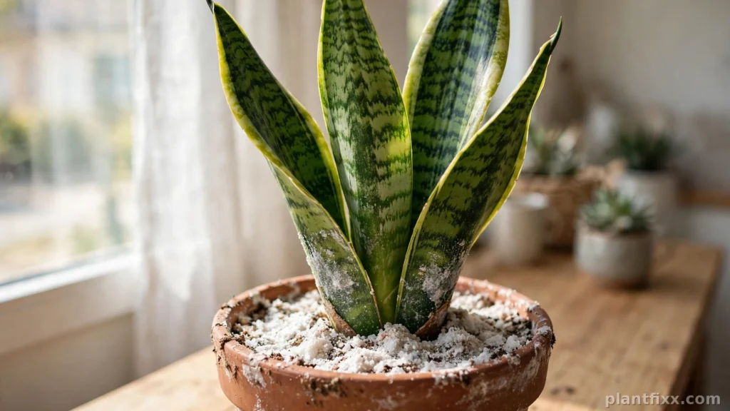 White gritty mineral salt crust on soil surface of a snake plant pot