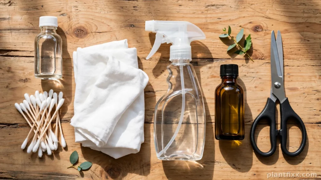 Plant care supplies for treating white spots: rubbing alcohol, cotton swabs, cloth, spray bottle, neem oil, scissors