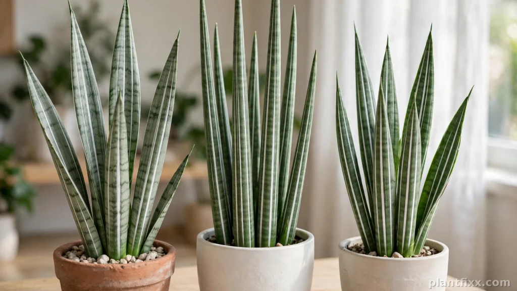 Healthy variegated snake plant with clean white vertical stripes