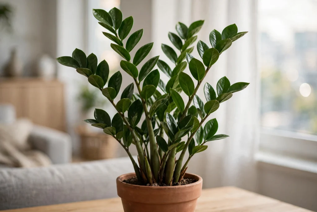 Healthy ZZ plant with glossy green leaves in a terracotta pot near a bright apartment window