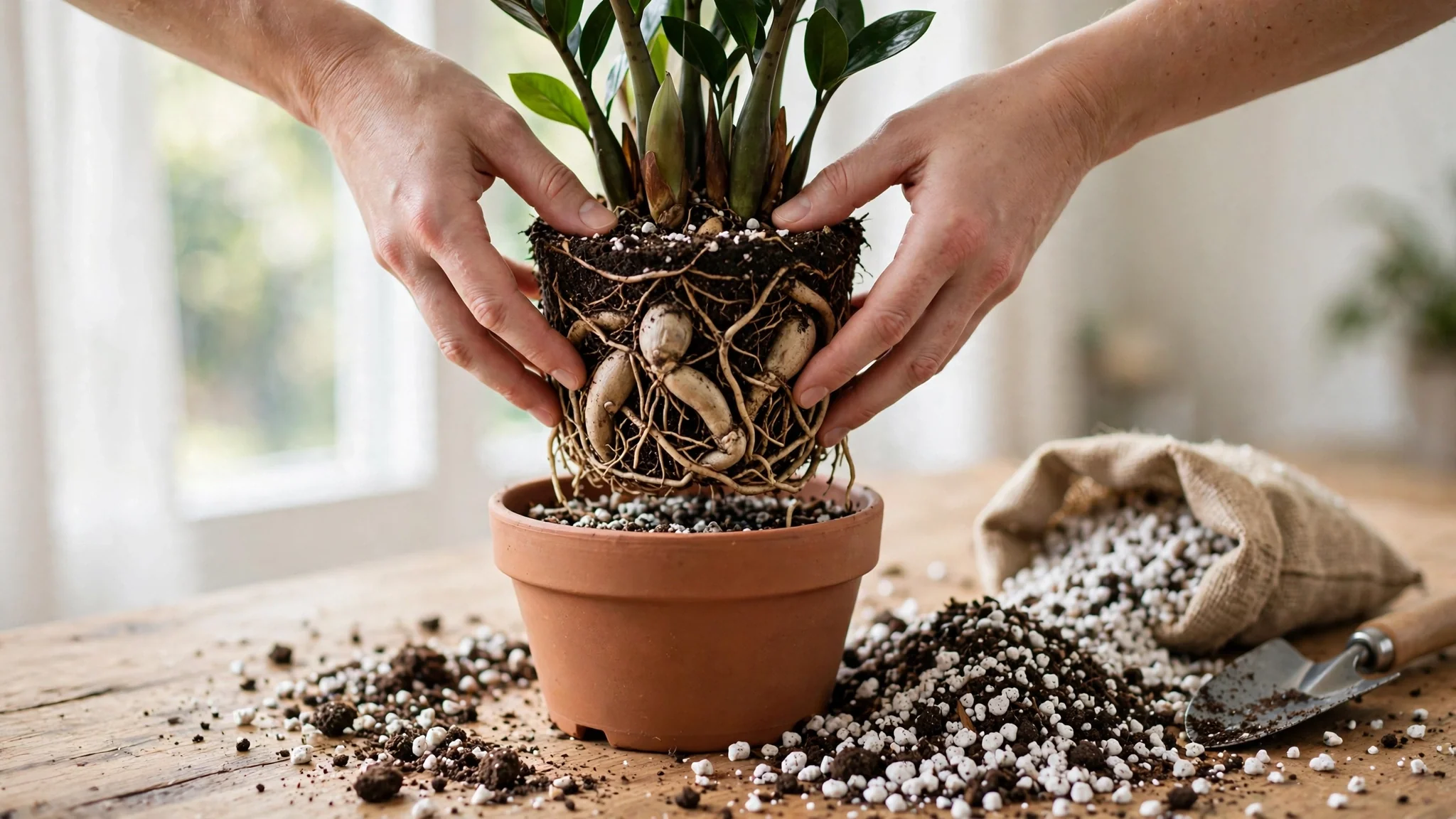 Gently placing ZZ plant rhizomes into a terracotta pot with drainage holes