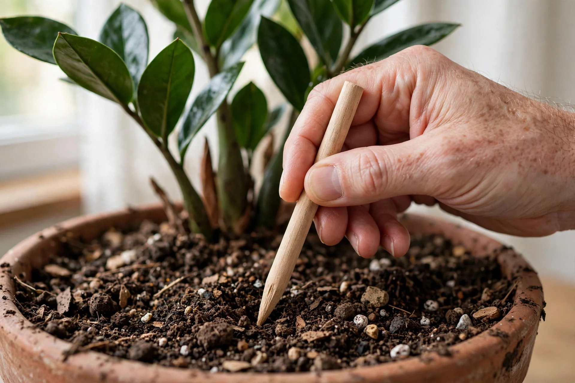 Hand pushing a wooden moisture stick into ZZ plant soil to check dryness before watering