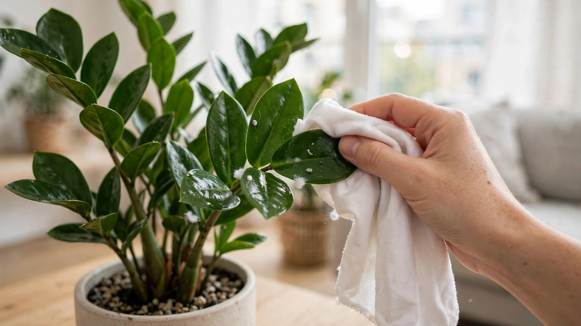 Hand wiping a ZZ plant leaf with a damp cloth to remove pests