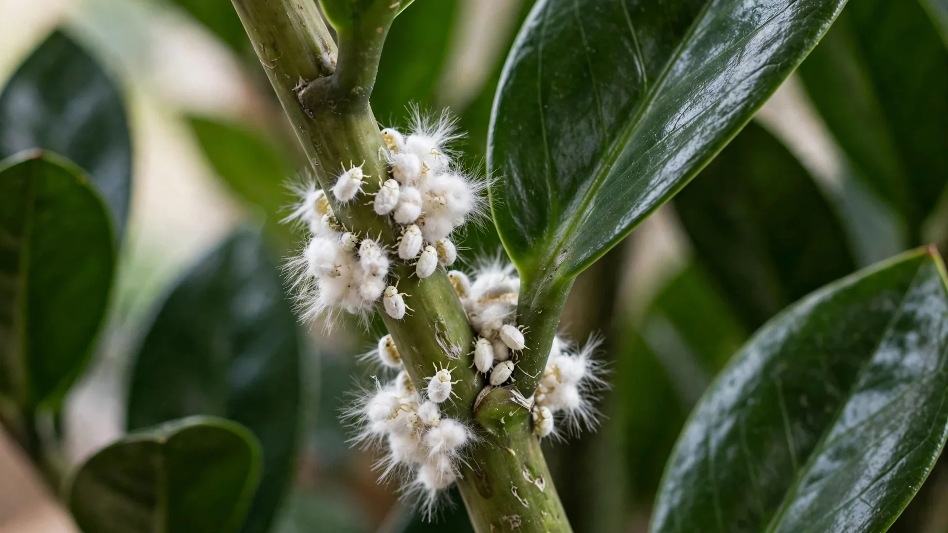 Close-up of white cottony mealybugs clustered on a ZZ plant stem