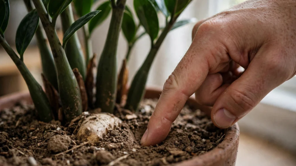 Checking dry soil before watering a ZZ plant