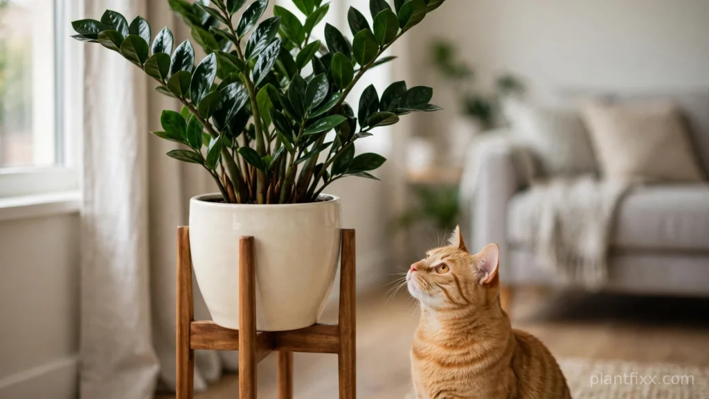 ZZ plant on a tall plant stand with a curious orange cat looking up at it