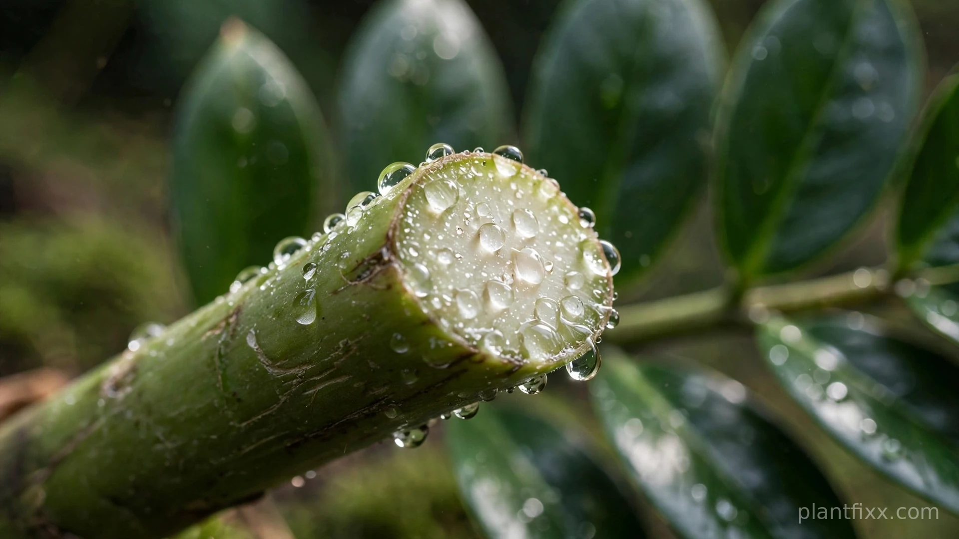 Close-up of clear ZZ plant sap beading on a freshly cut leaflet stalk