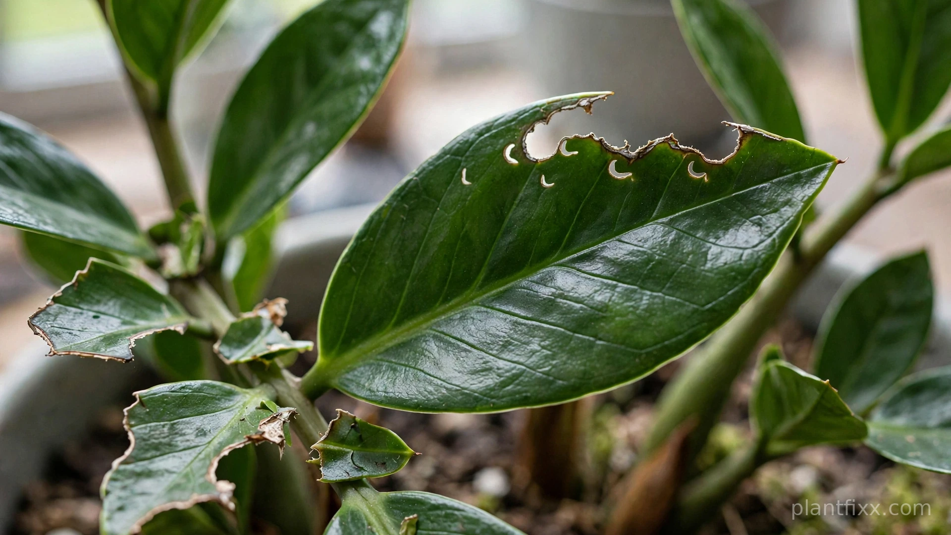 ZZ plant leaflet with a chewed, torn edge left by a pet bite
