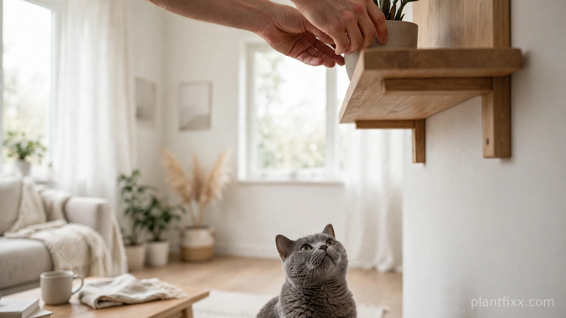 Hands lifting a potted ZZ plant onto a high wall shelf out of a cat's reach