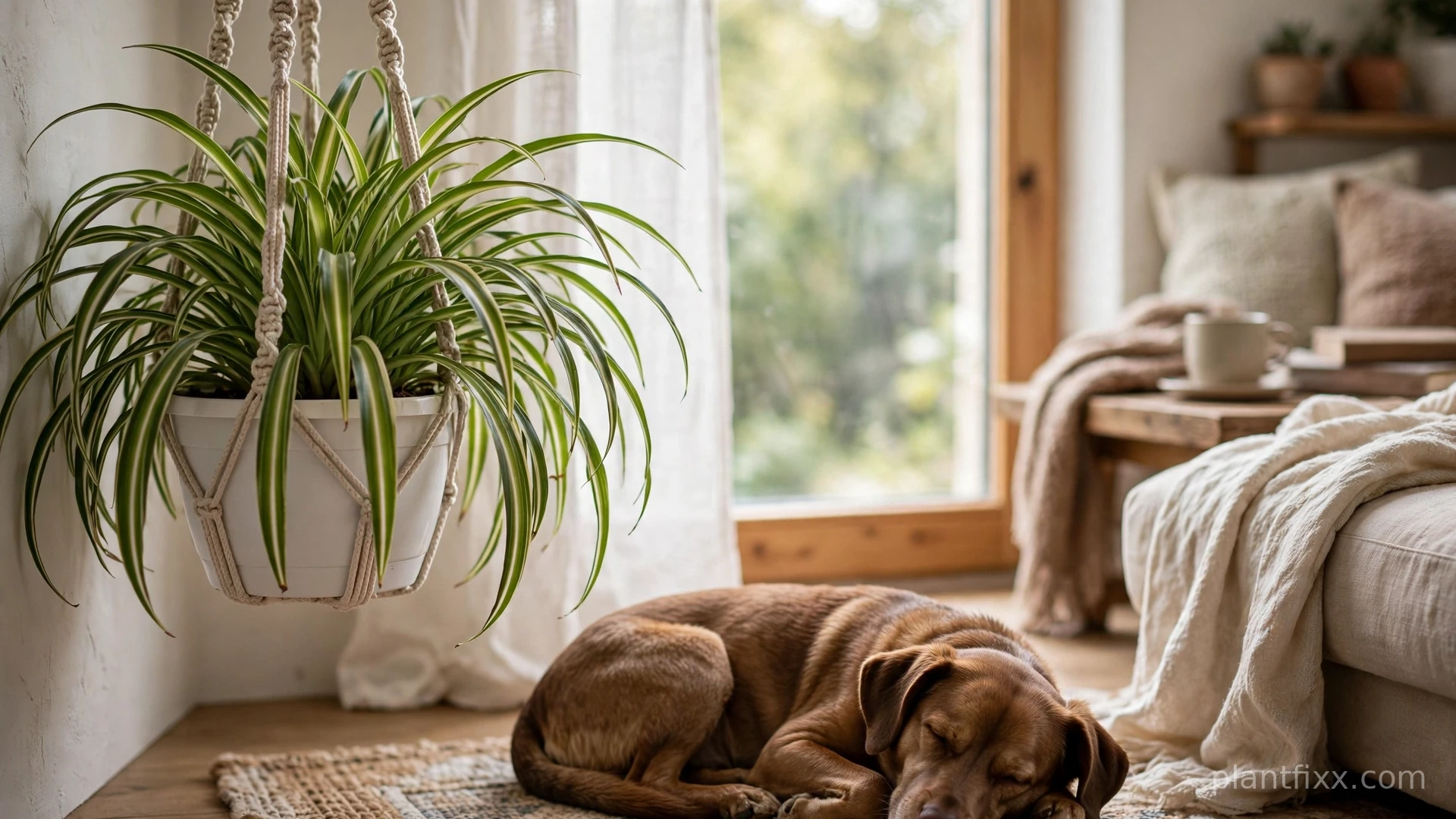 Spider plant in a hanging basket, a pet-safe alternative to the ZZ plant