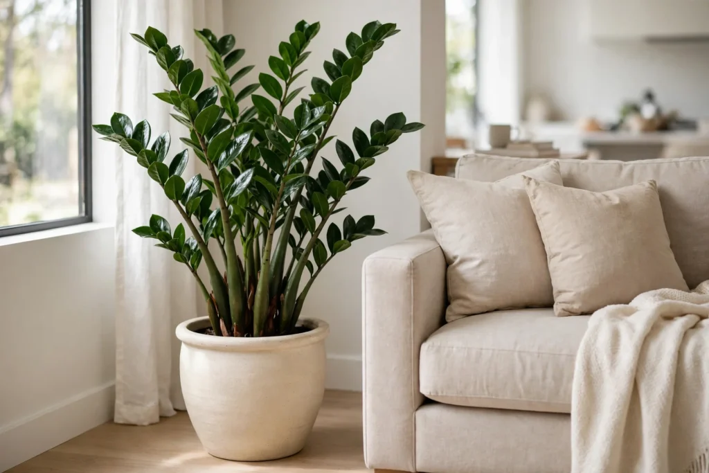Mature ZZ plant about 3 feet tall in a ceramic pot in a bright living room corner