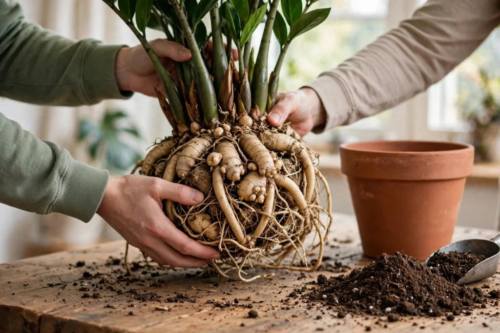 Repotting a large ZZ plant with dense rhizomes into a bigger pot