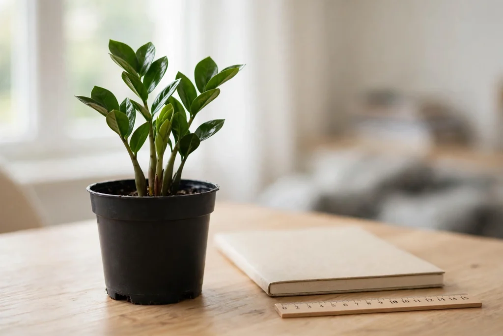 Young ZZ plant in a small nursery pot on a wooden desk