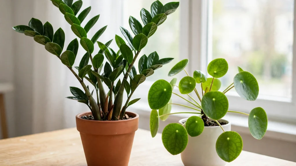 ZZ plant and money plant side by side in pots