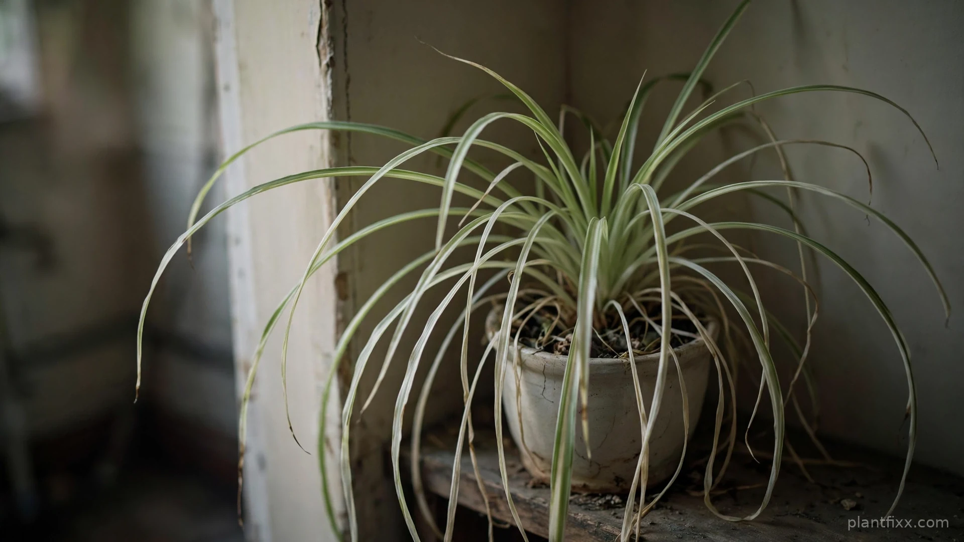 Spider plant with pale faded leaves and washed-out stripes growing in a dim low light corner