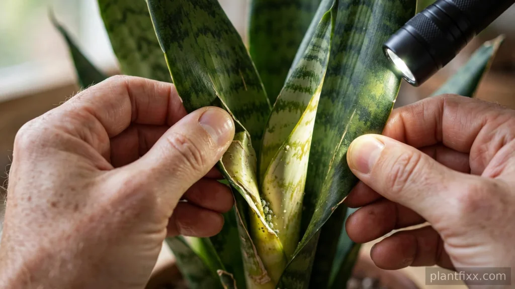 Hands inspecting snake plant leaf bases and creases for pests with a flashlight