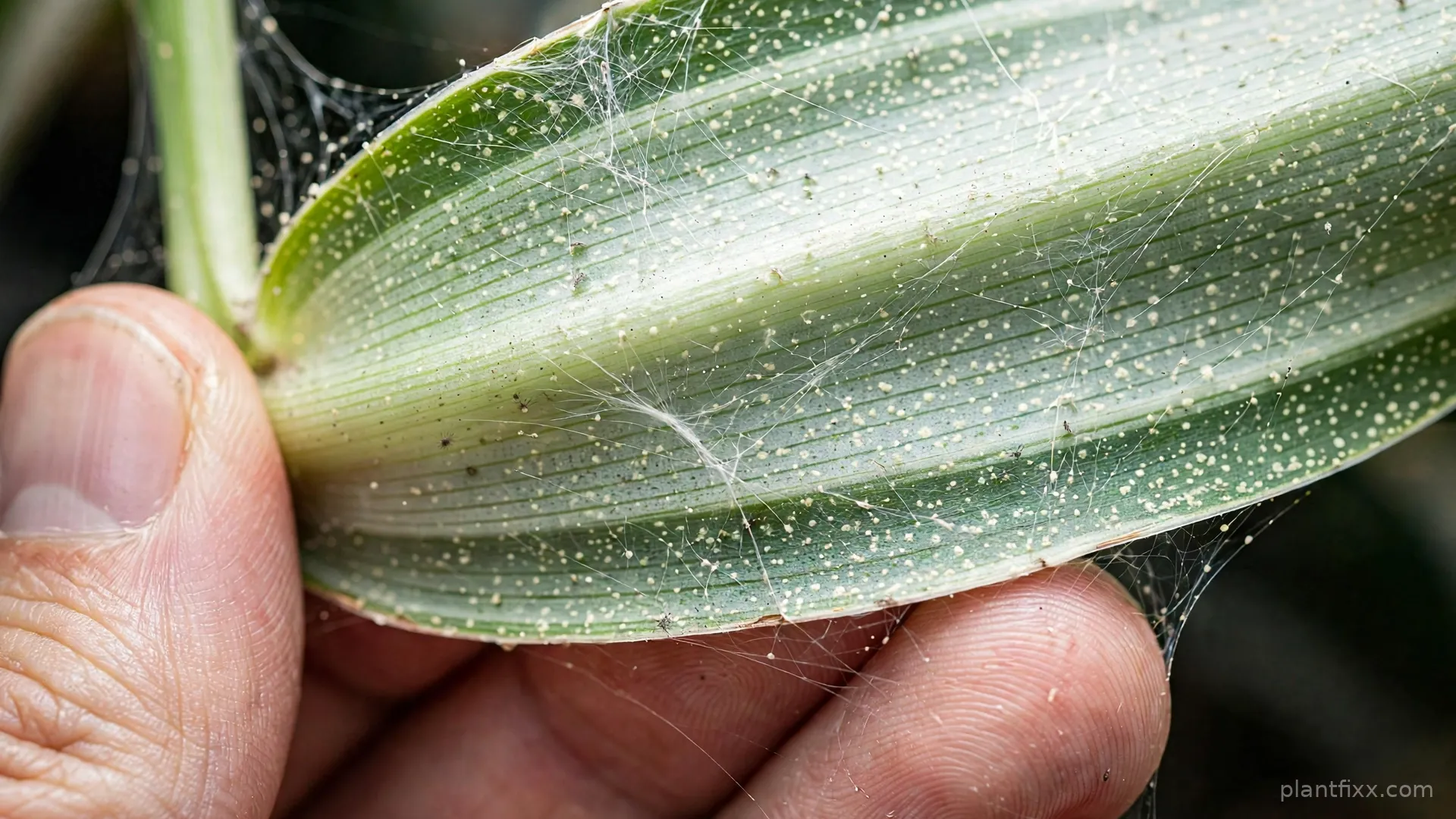 Close-up of a spider plant leaf underside showing fine spider mite webbing and stippled damage