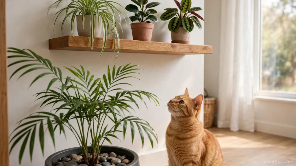 Cat-proofed plant setup with pet safe plants on a high shelf and pebble mulch on soil