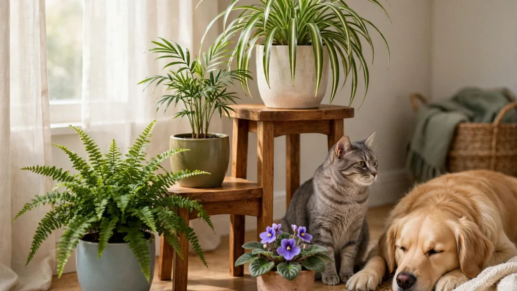 Pet safe indoor plants for cats and dogs: spider plant, parlor palm, Boston fern and African violet arranged in a bright living room with a cat and a dog