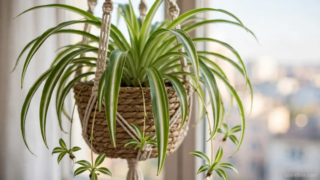 Spider plant with dangling plantlets in a hanging basket, a pet safe indoor plant for cats and dogs