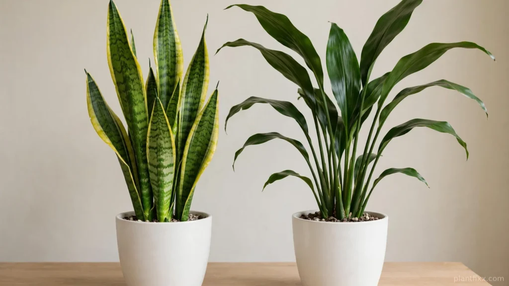 Snake plant next to a cast iron plant, a pet safe swap for the toxic snake plant
