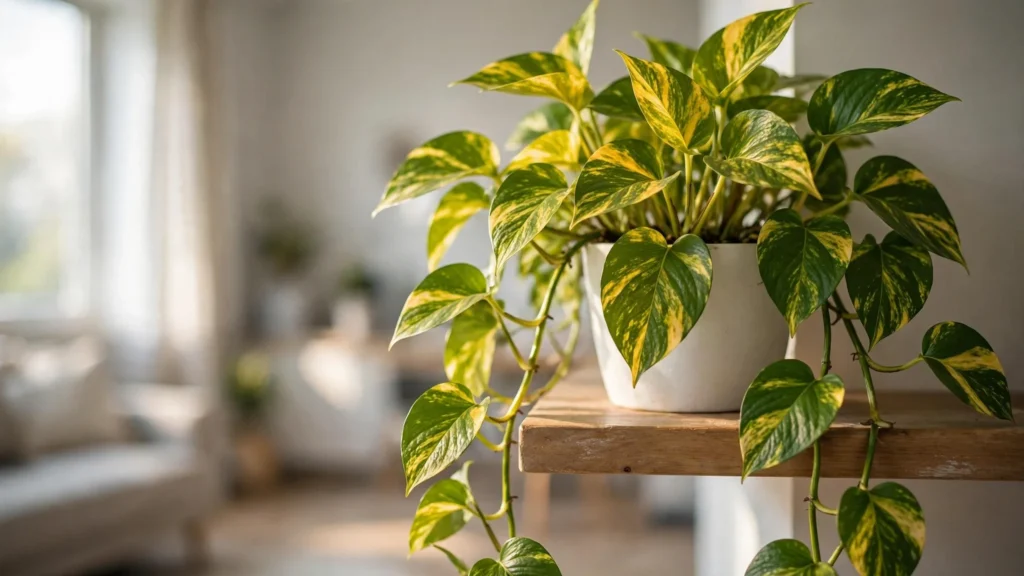 Golden pothos plant with trailing variegated vines on a wooden shelf in a bright apartment