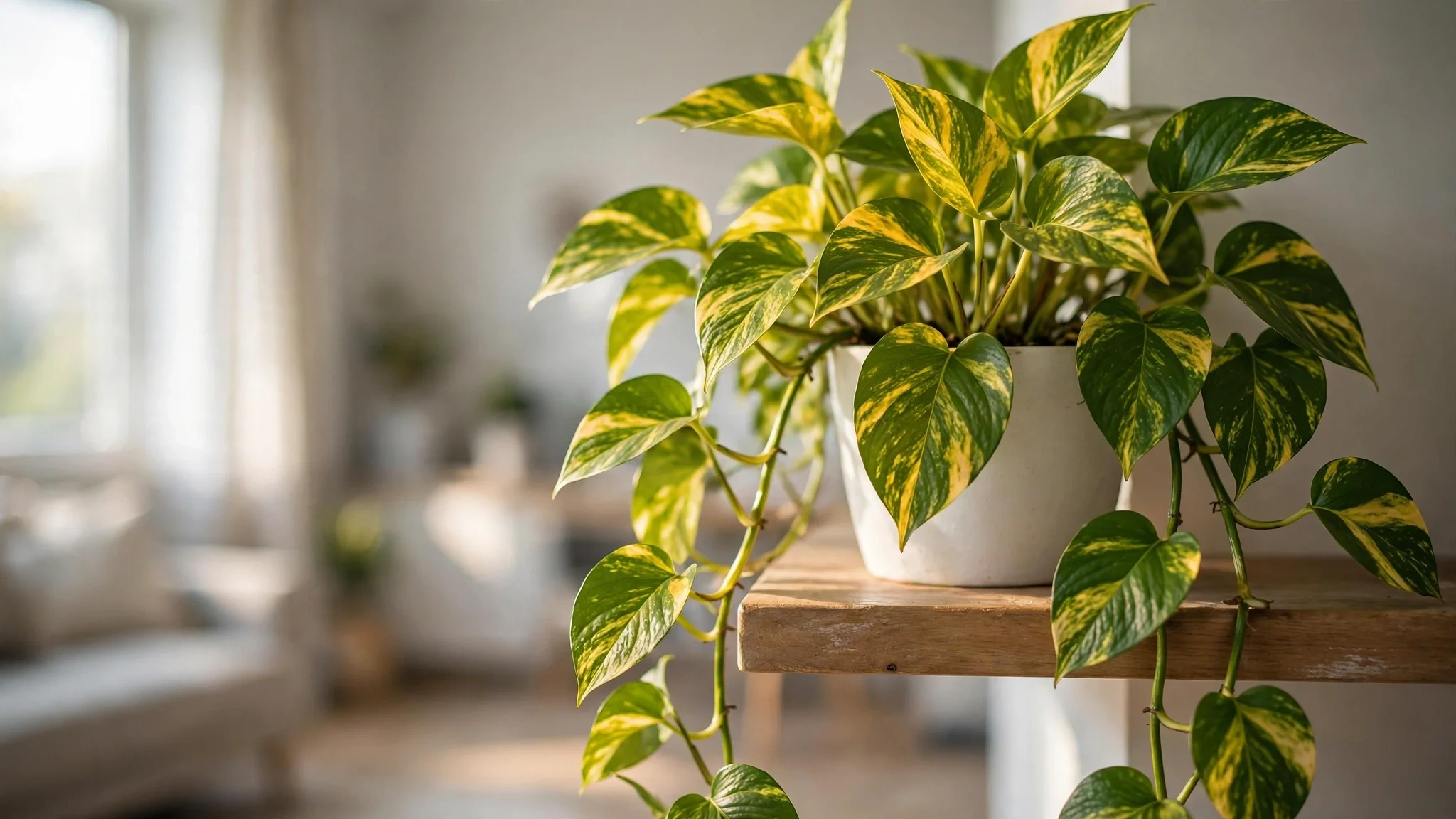 Golden pothos plant with trailing variegated vines on a wooden shelf in a bright apartment