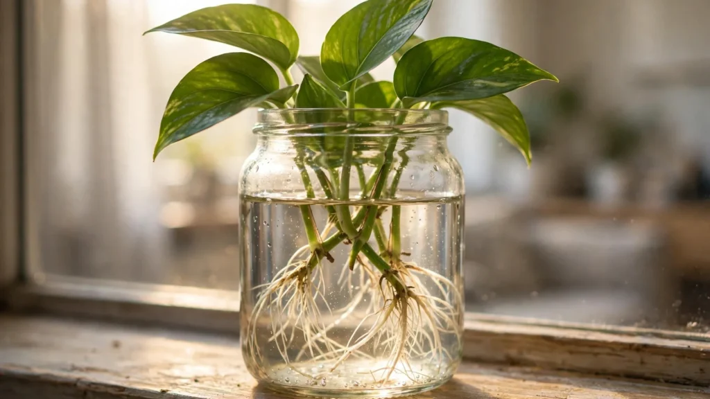 Pothos cuttings with white roots propagating in a glass jar of water on a windowsill