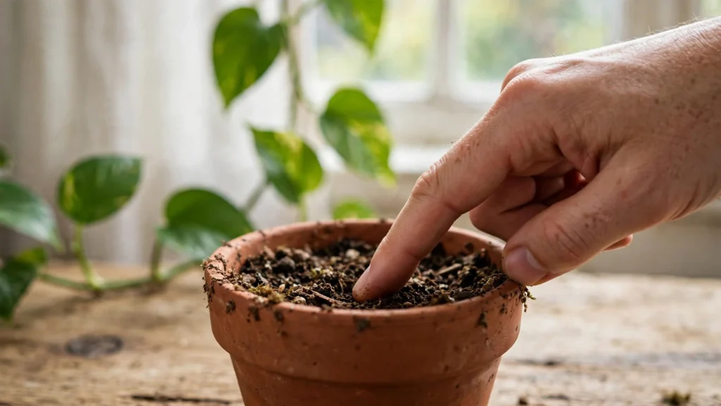 Hand checking soil moisture in a potted pothos before watering