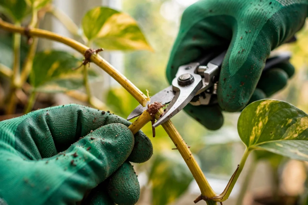 Cutting a golden pothos vine just below a node with pruning shears