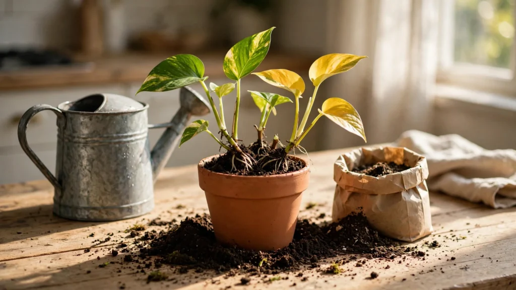 Planting rooted pothos cuttings into a terracotta pot with potting soil
