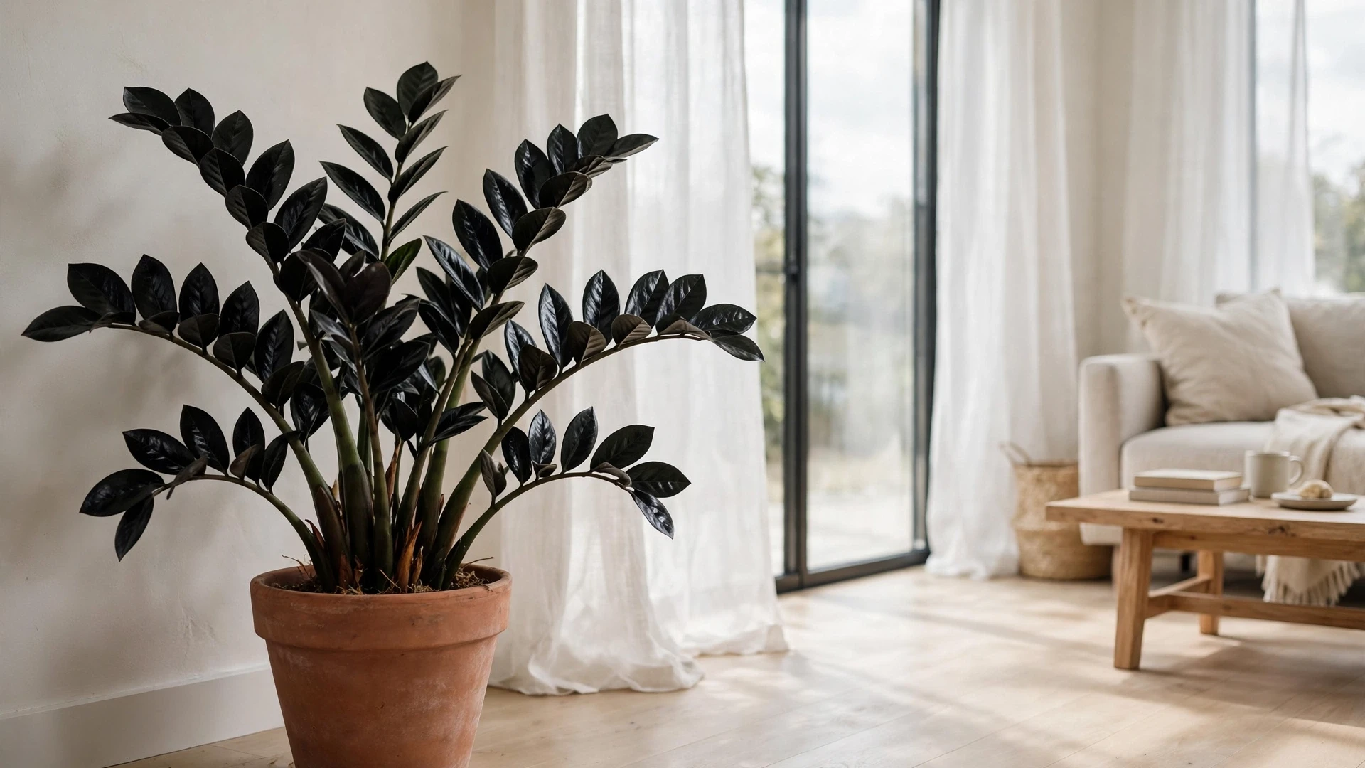 Raven ZZ plant in bright indirect light near a window with sheer curtains