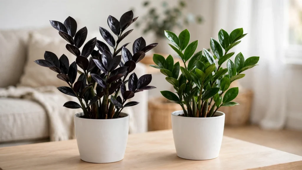 Raven ZZ plant with near-black leaves beside a regular green ZZ plant in pots