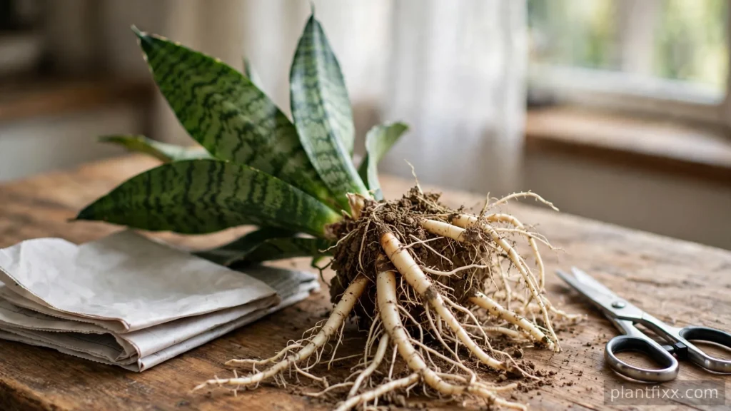 Unpotted snake plant with exposed roots and rhizomes being checked for root rot