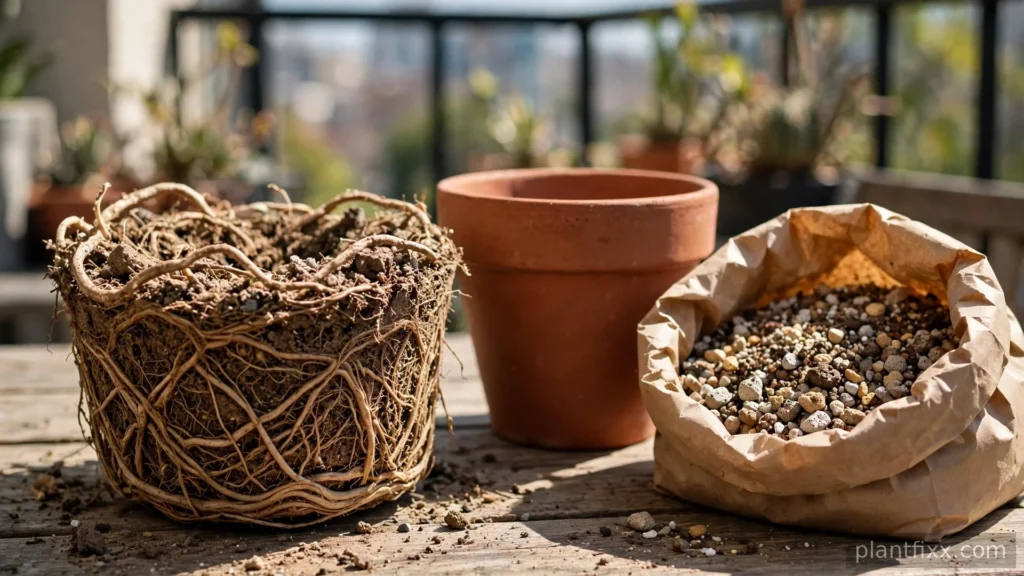 Root-bound snake plant root ball beside a slightly larger terracotta pot with fresh potting mix