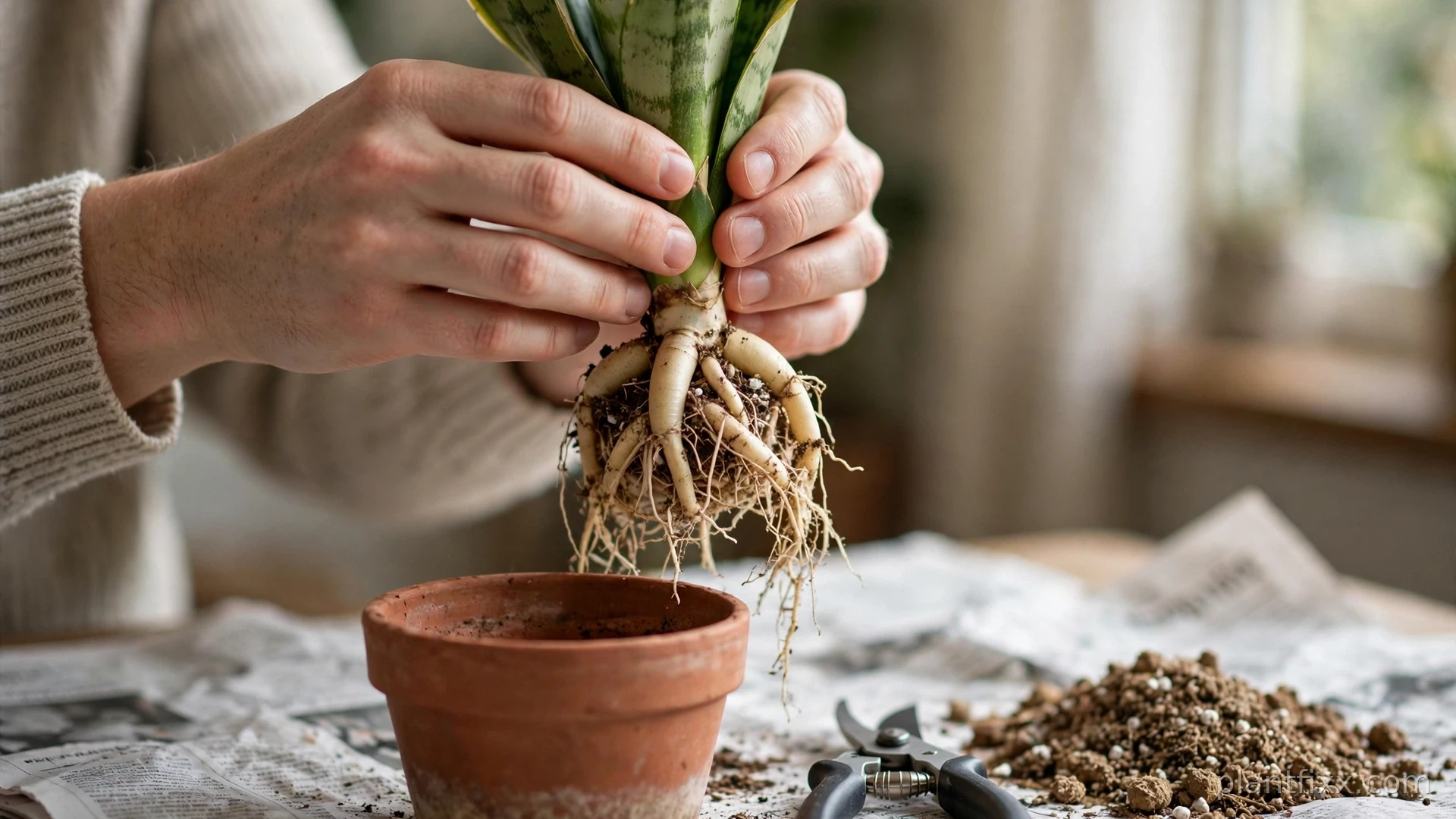 Hands lifting a snake plant from its pot to inspect the roots for rot
